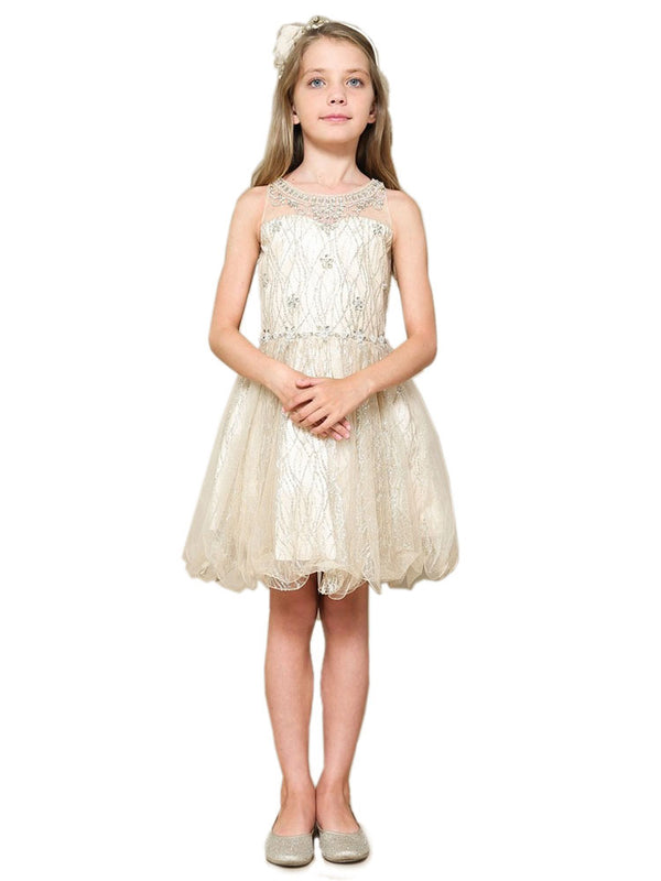 Petite Adele Girls Champagne Sweetheart Illusion Neckline Jewel Dress 6-16 - SophiasStyle.com